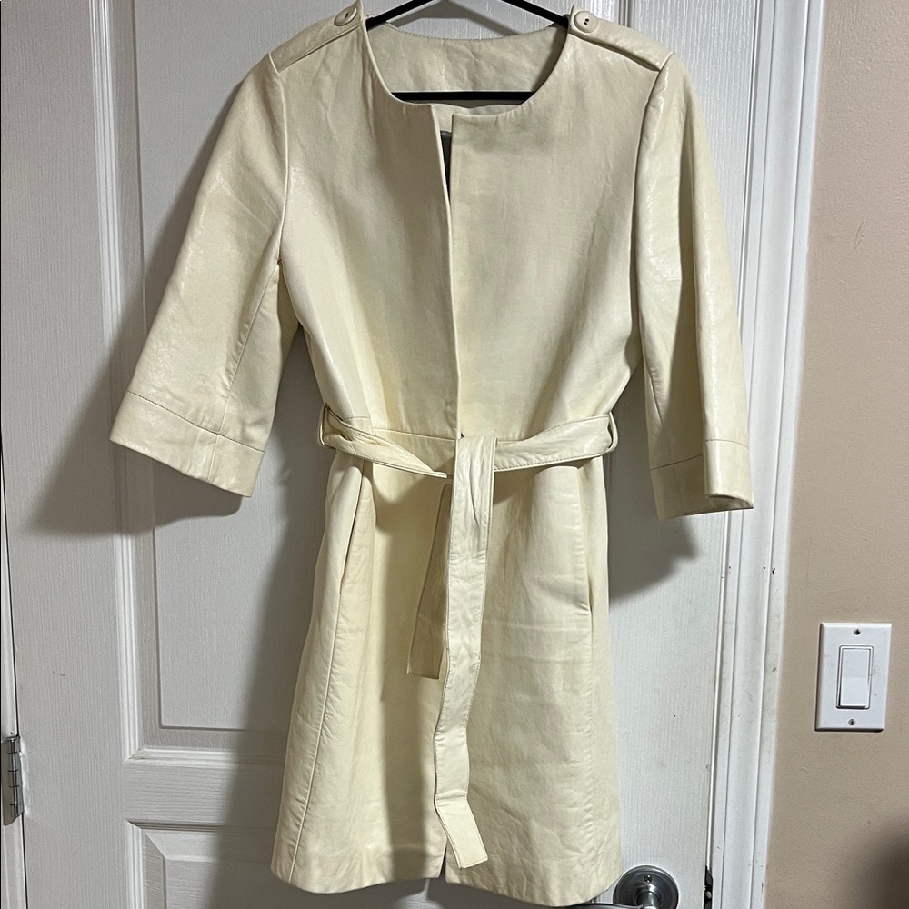 Italian Leather Off White Belted Coat